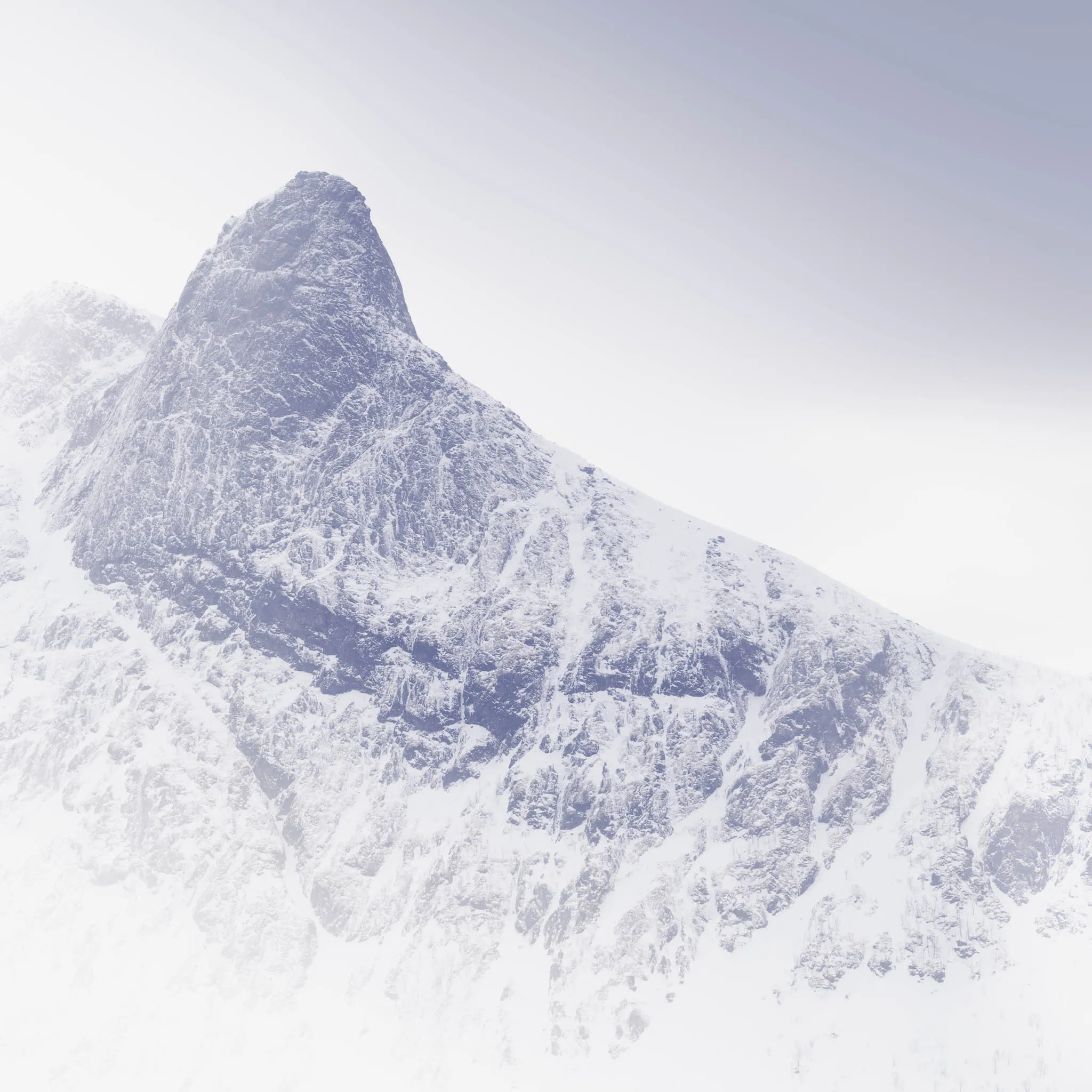 A single snow-covered summit dissolving into pale winter fog