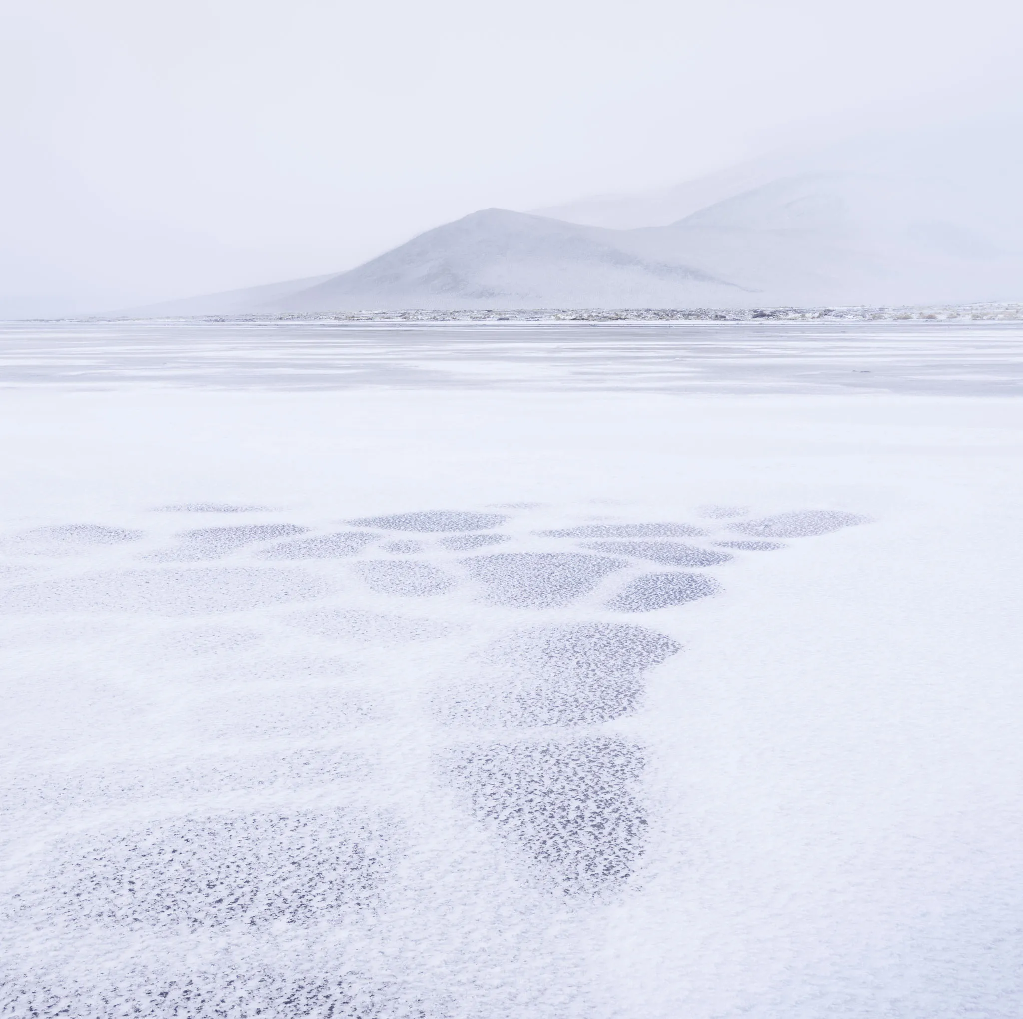 A snow-dusted salt flat mottled with pale patches, a misty mountain dissolving into a white sky