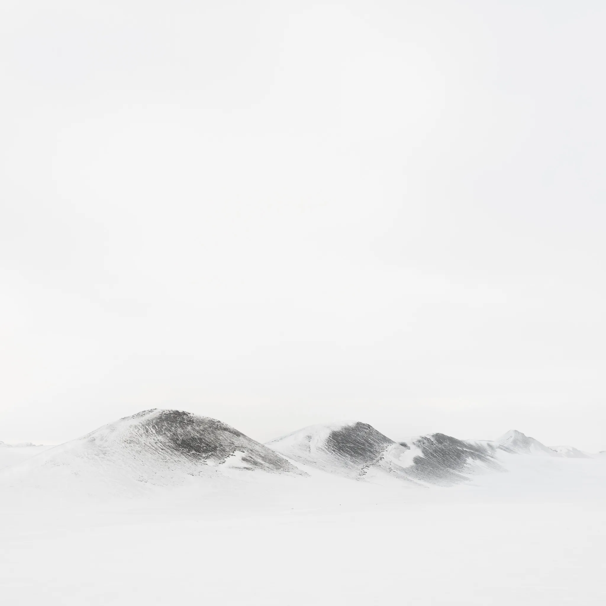 A row of low hills whose wind-scoured dark faces read like ink brushstrokes on white snow